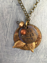 Load image into Gallery viewer, Inspirational, Charm Necklace with Inscribed, Live, Laugh, Love Charm, Love Charm, Gold Leaf and Pearl Dangles
