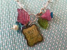 Load image into Gallery viewer, Vintage Style, Clear Glass Crystal Beaded Bracelet with Sweet Thing and Floral Charms.
