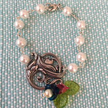 Load image into Gallery viewer, For the Bride, Vintage Style, Handcrafted, White Glass Pearl, Bridal Bracelet with Art Deco Centerpiece and Floral Charms
