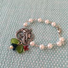 Load image into Gallery viewer, For the Bride, Vintage Style, Handcrafted, White Glass Pearl, Bridal Bracelet with Art Deco Centerpiece and Floral Charms
