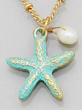 Load image into Gallery viewer, Hand Crafted, Patina and Gold-Tone Star Fish, and Freshwater Pearl Dangle, Necklace
