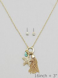 Beach Themed Starfish Charm Necklace and Earrings with Starfish Charm, Turquoise Dangle and Goldtone Tassle